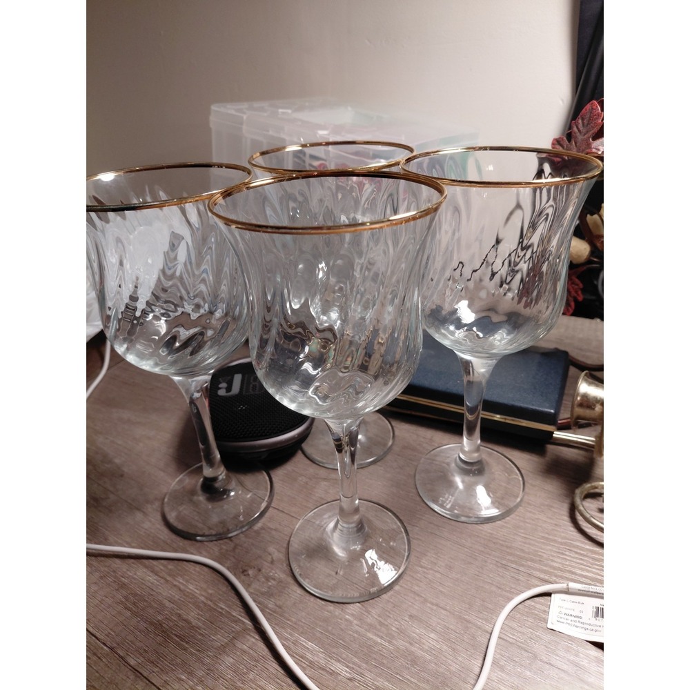 Set of 4 Clear Glass Wine Goblets with Gold Rim Decorated Curved Inward Design - Picture 2 of 2